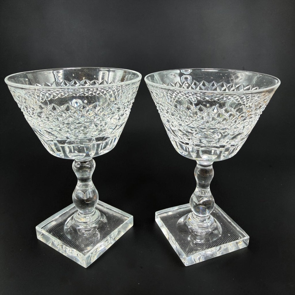 Pairpoint Gunderson Crystal Adelaide Diamond Cut Square Base Wine Goblets Set 2